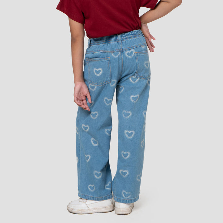 Little M Wide Leg Aop Heart Celana Denim Anak Perempuan