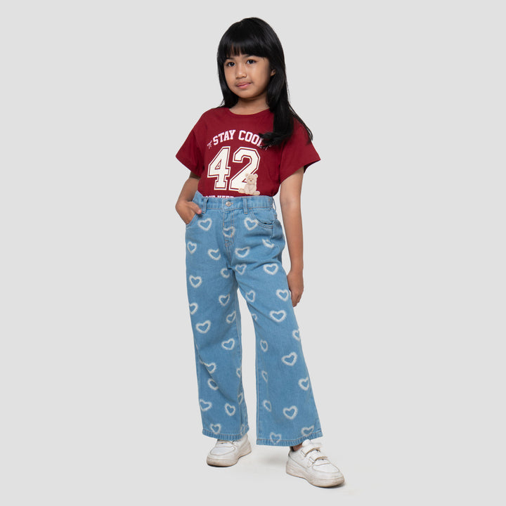 Little M Wide Leg Aop Heart Celana Denim Anak Perempuan