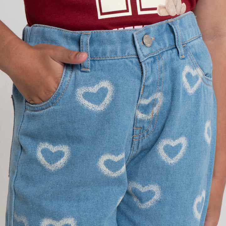 Little M Wide Leg Aop Heart Celana Denim Anak Perempuan