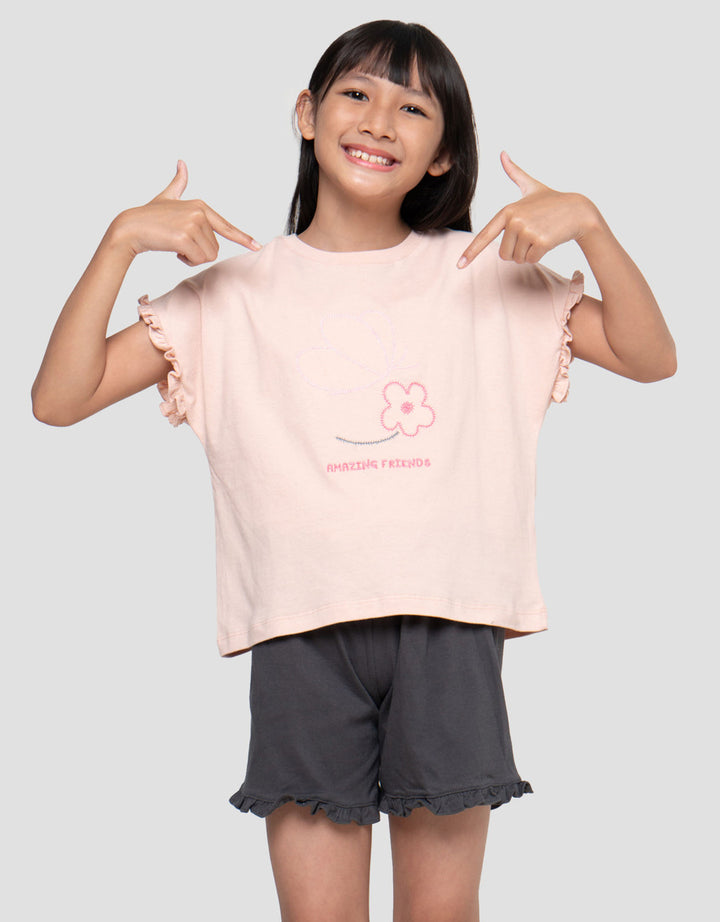 Little M Ruffle Bordir Kupu Pakaian Setelan Anak Perempuan