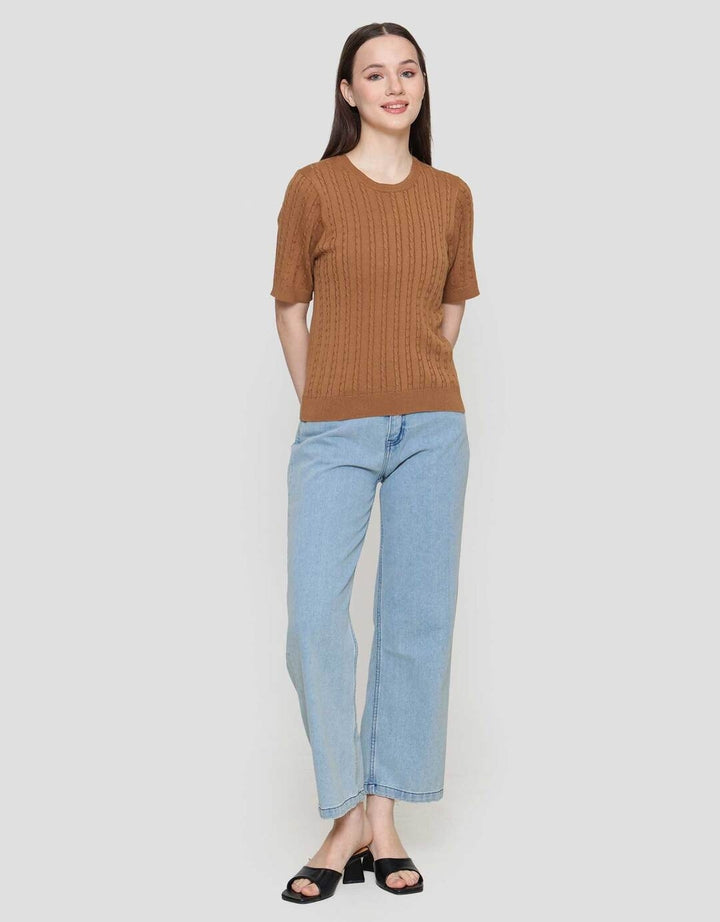 Suko Knit Rajut Kerah Bulat Lengan Pendek Kaos Wanita