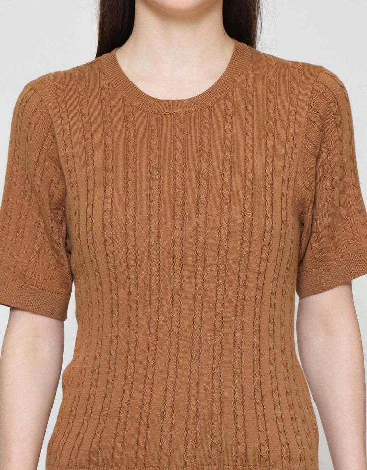 Suko Knit Rajut Kerah Bulat Lengan Pendek Kaos Wanita