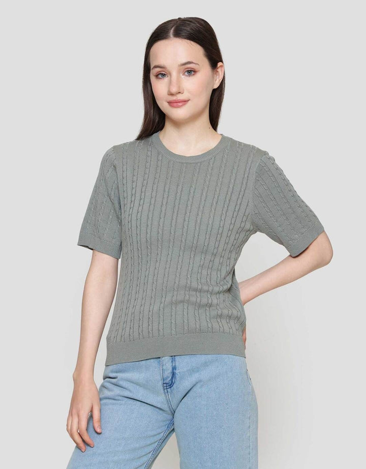 Suko Knit Rajut Kerah Bulat Lengan Pendek Kaos Wanita