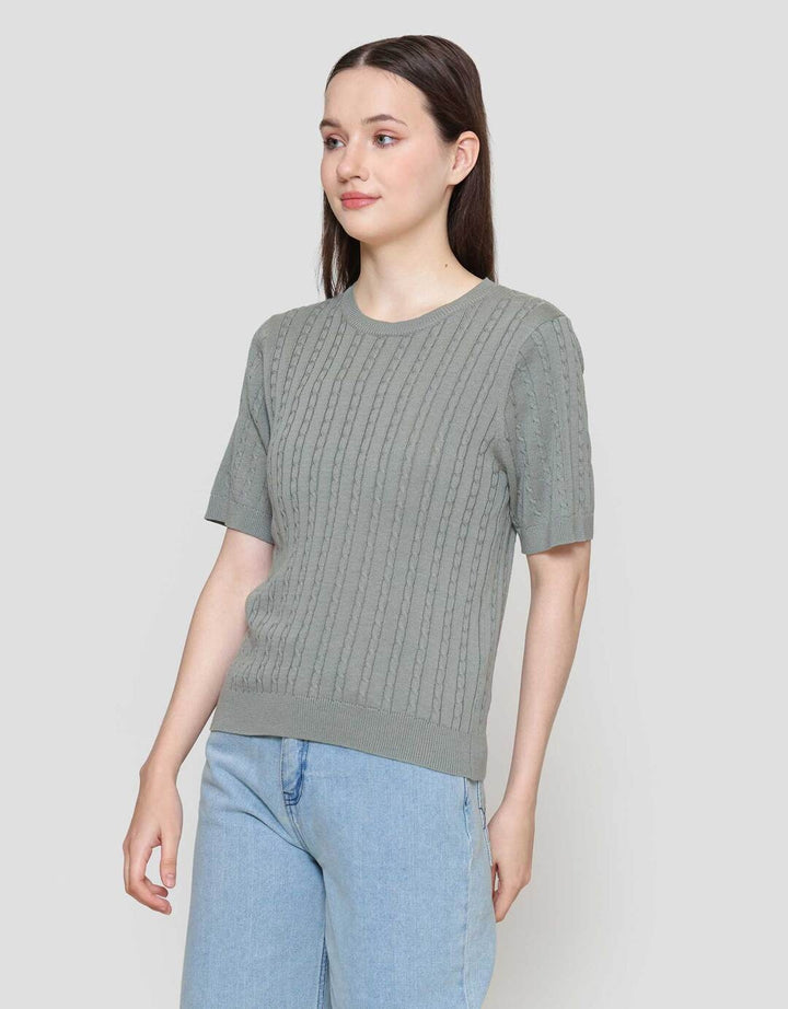 Suko Knit Rajut Kerah Bulat Lengan Pendek Kaos Wanita