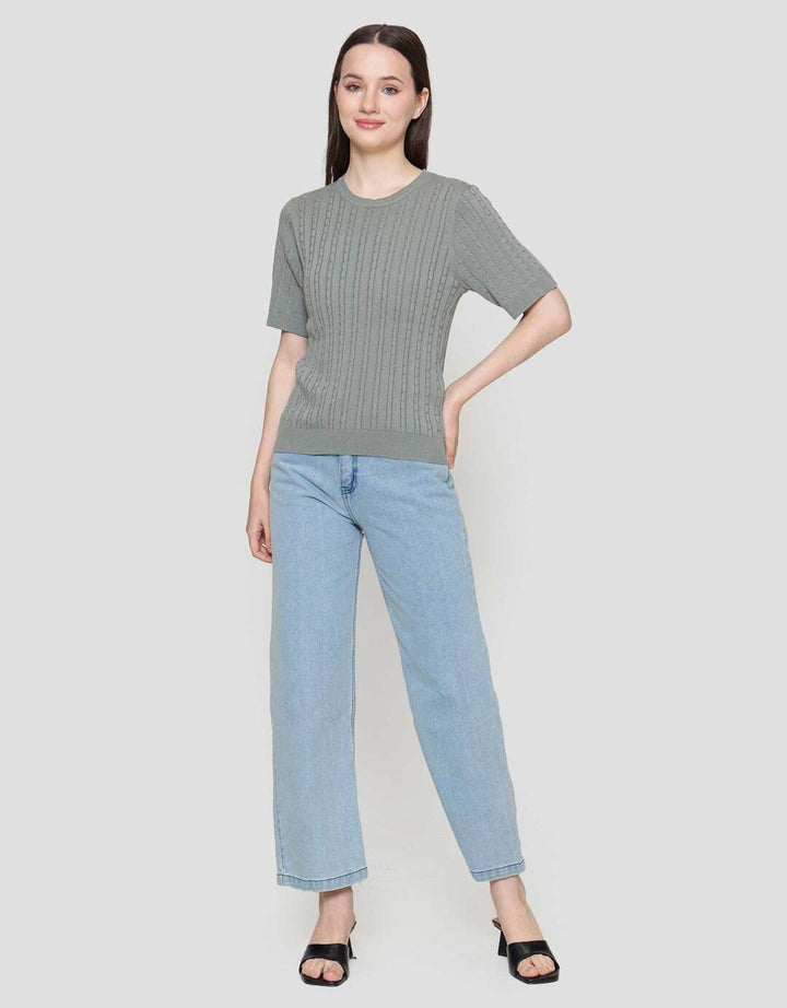 Suko Knit Rajut Kerah Bulat Lengan Pendek Kaos Wanita