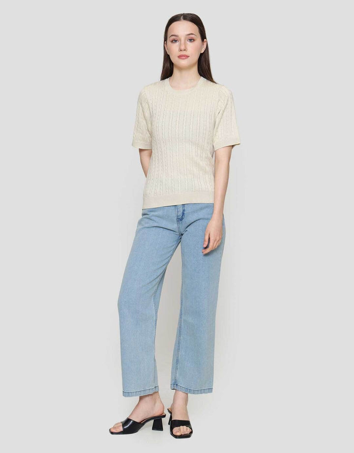 Suko Knit Rajut Kerah Bulat Lengan Pendek Kaos Wanita