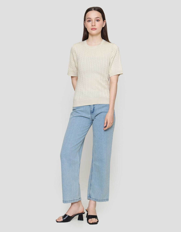 Suko Knit Rajut Kerah Bulat Lengan Pendek Kaos Wanita