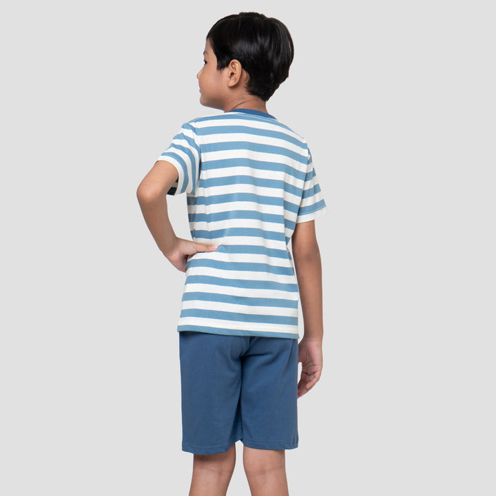 Little M Stripe Besar Yarndye Pakaian Setelan Anak Laki-laki