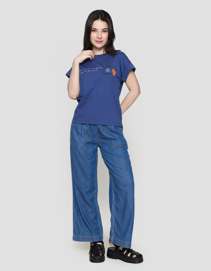 Suko Kerah Bulat Lengan Pendek Print Leaf Kaos Wanita