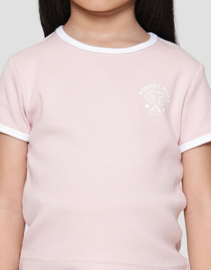 Suko Rib Kerah Bulat Lengan Pendek Kaos Anak Perempuan