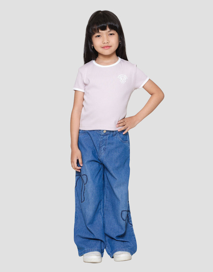 Suko Rib Kerah Bulat Lengan Pendek Kaos Anak Perempuan