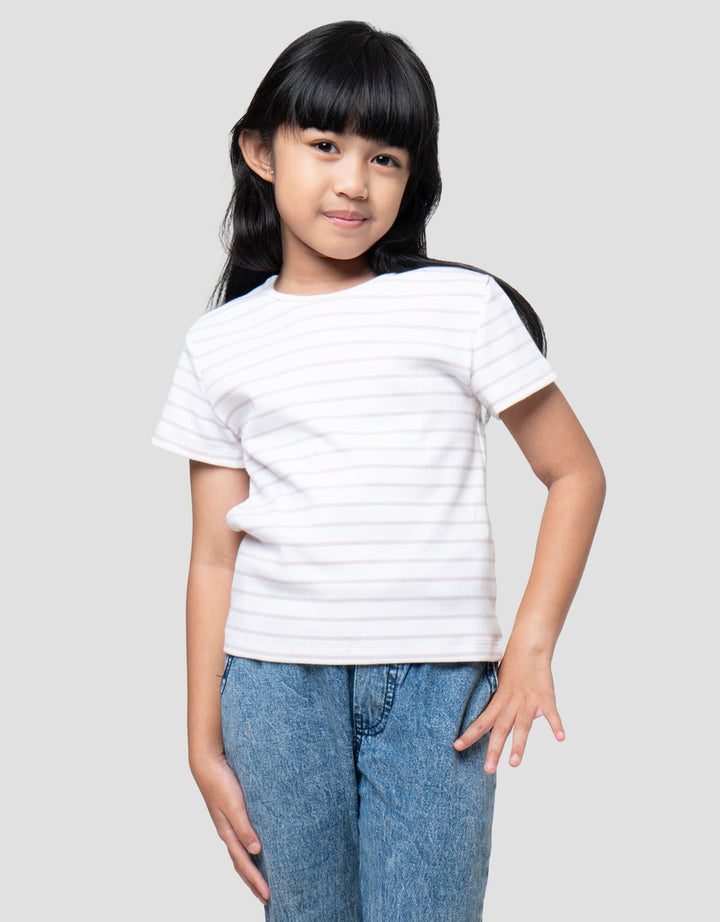 Suko Mini Rib Stripe Kerah Bulat Kaos Anak Perempuan