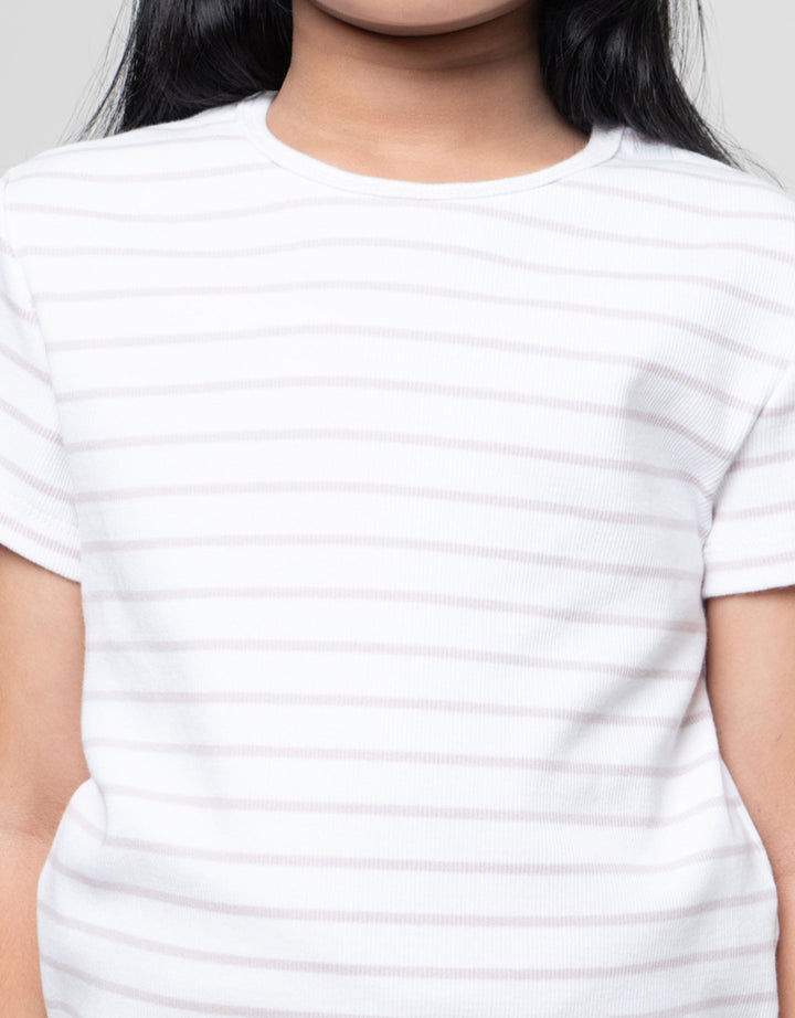 Suko Mini Rib Stripe Kerah Bulat Kaos Anak Perempuan