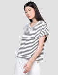 Connexion Tangan Langsung V Neck Stripe Kaos Wanita