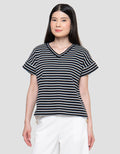 Connexion Tangan Langsung V Neck Stripe Kaos Wanita