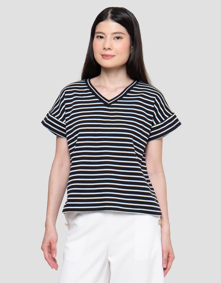 Connexion Tangan Langsung V Neck Stripe Kaos Wanita