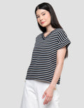 Connexion Tangan Langsung V Neck Stripe Kaos Wanita