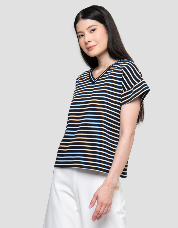 Connexion Tangan Langsung V Neck Stripe Kaos Wanita