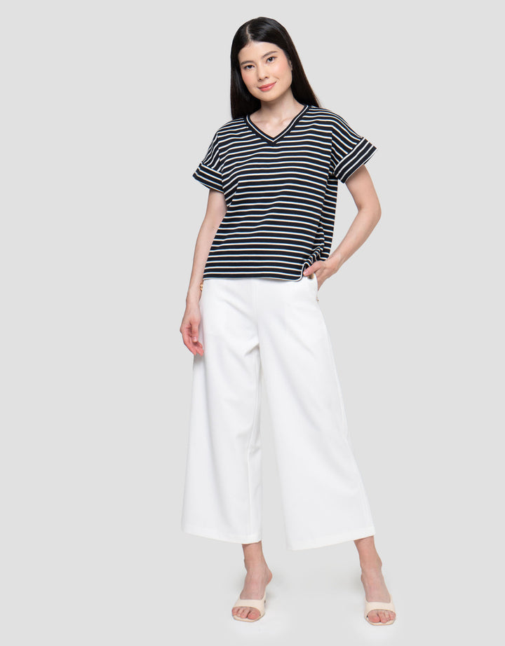 Connexion Tangan Langsung V Neck Stripe Kaos Wanita