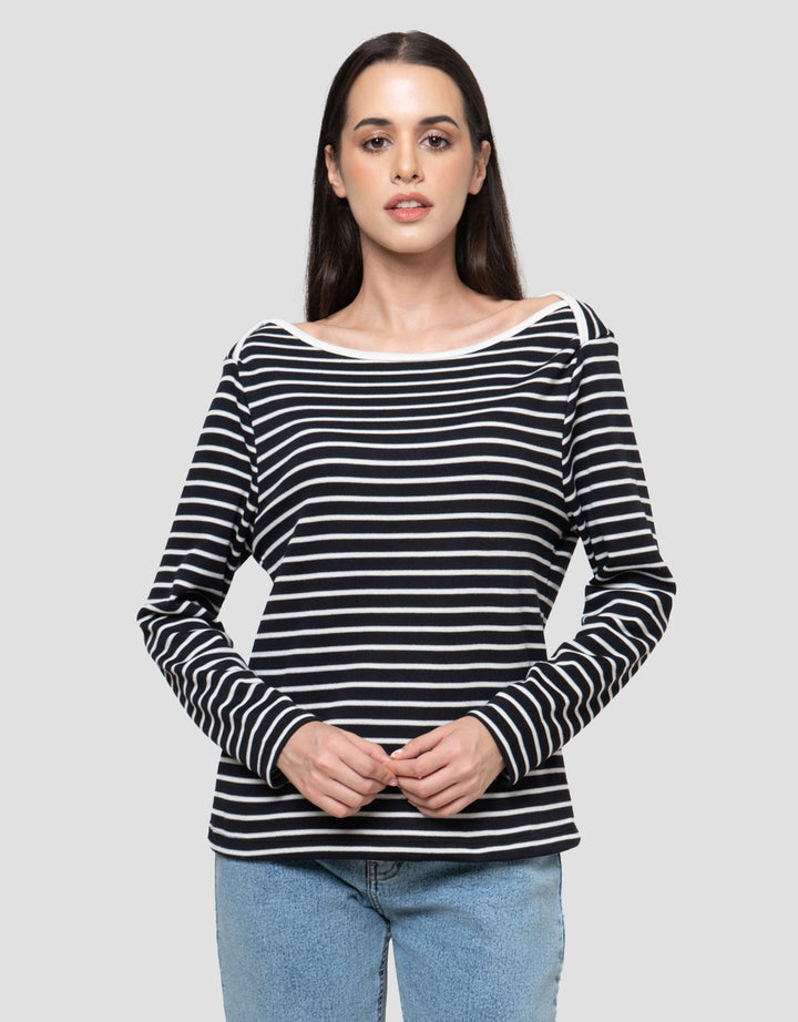 Connexion Boat Neck Stripe Kaos Wanita