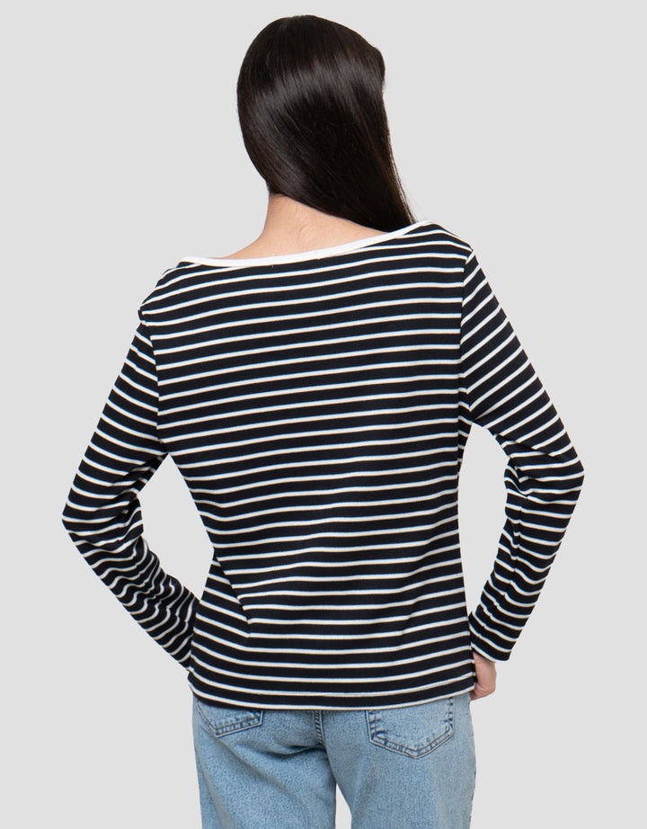 Connexion Boat Neck Stripe Kaos Lengan Panjang Wanita