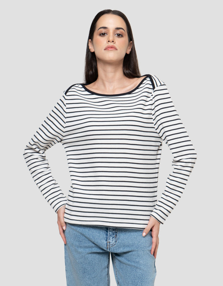 Connexion Boat Neck Stripe Kaos Lengan Panjang Wanita