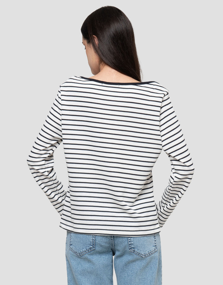 Connexion Boat Neck Stripe Kaos Lengan Panjang Wanita