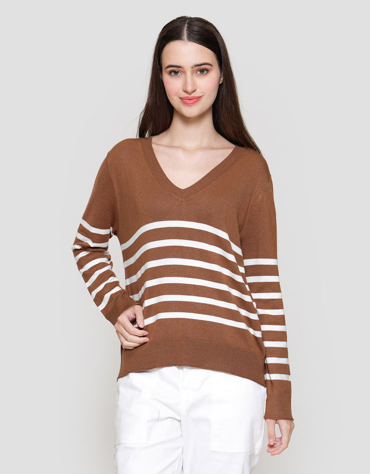 Connexion Rajut V Neck Garis Kemeja Wanita