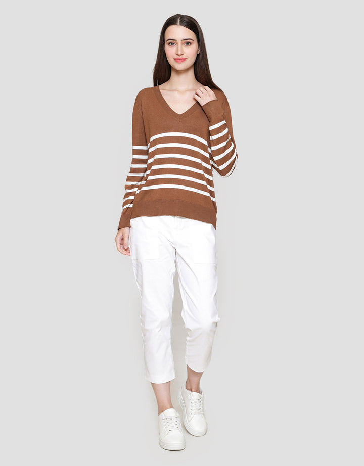 Connexion Rajut V Neck Garis Kemeja Wanita