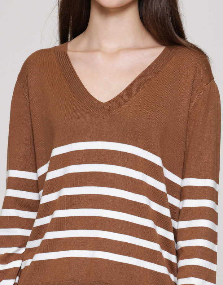 Connexion Rajut V Neck Garis Kemeja Wanita