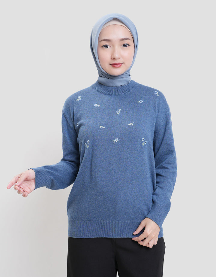 Annisa Cotton Melange Floral Embro Sweater Wanita
