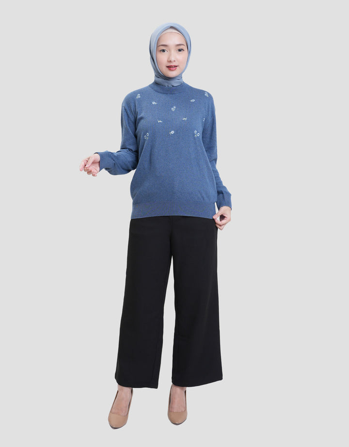 Annisa Cotton Melange Floral Embro Sweater Wanita