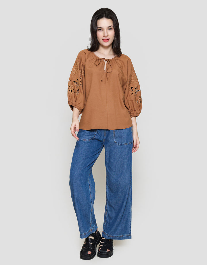 St. Yves Linen Blend Embro Sleeve Blouse Wanita