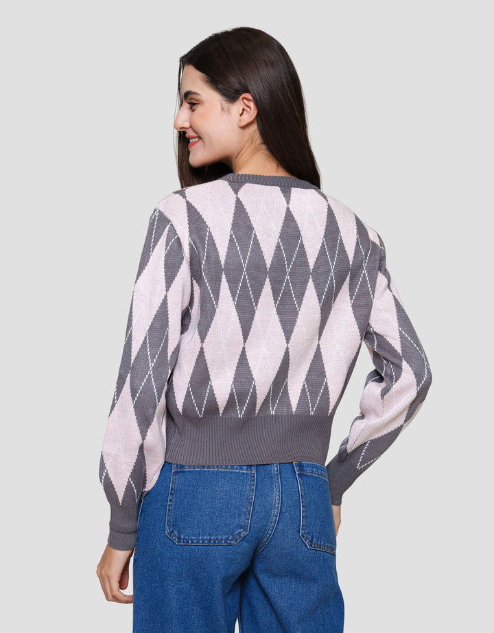 Nevada Crop Flat Knit Argyle Sweater Wanita