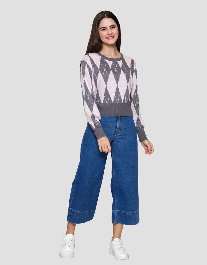 Nevada Crop Flat Knit Argyle Sweater Wanita