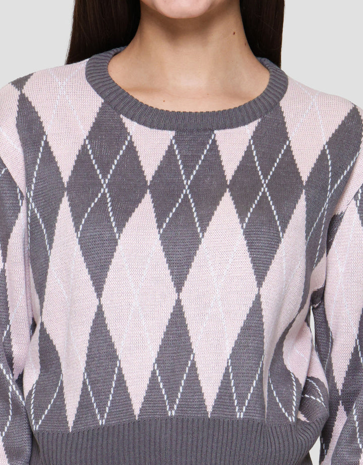 Nevada Crop Flat Knit Argyle Sweater Wanita