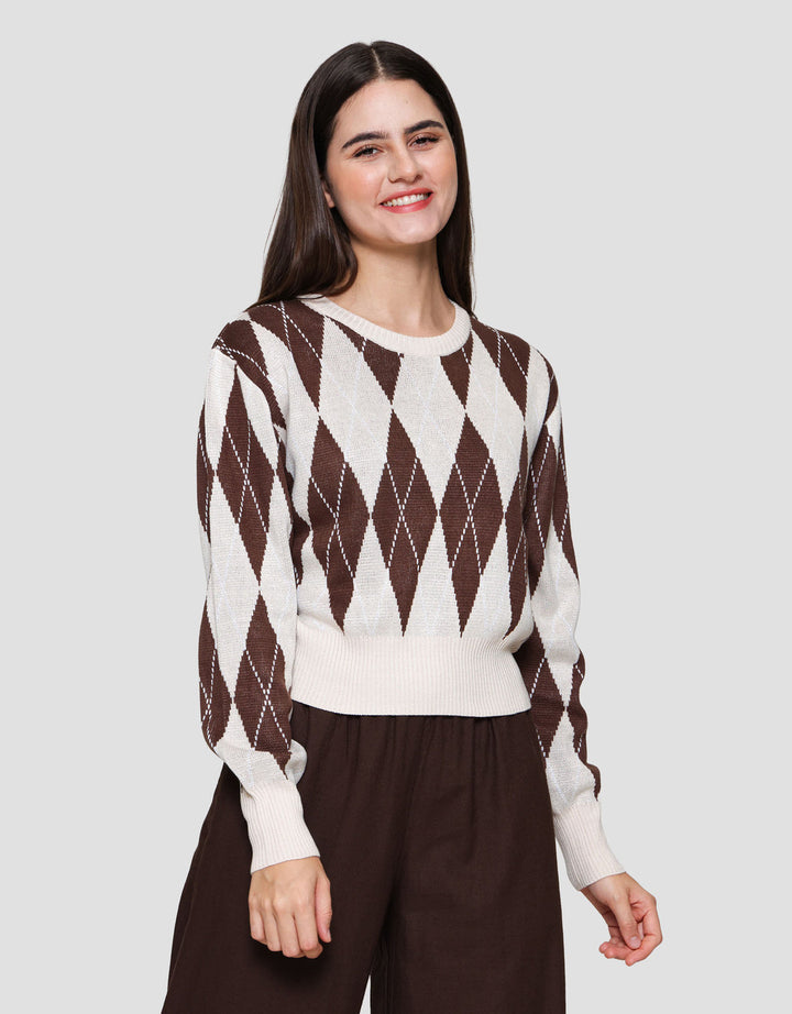 Nevada Crop Flat Knit Argyle Sweater Wanita