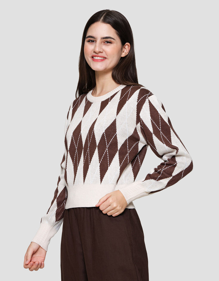 Nevada Crop Flat Knit Argyle Sweater Wanita