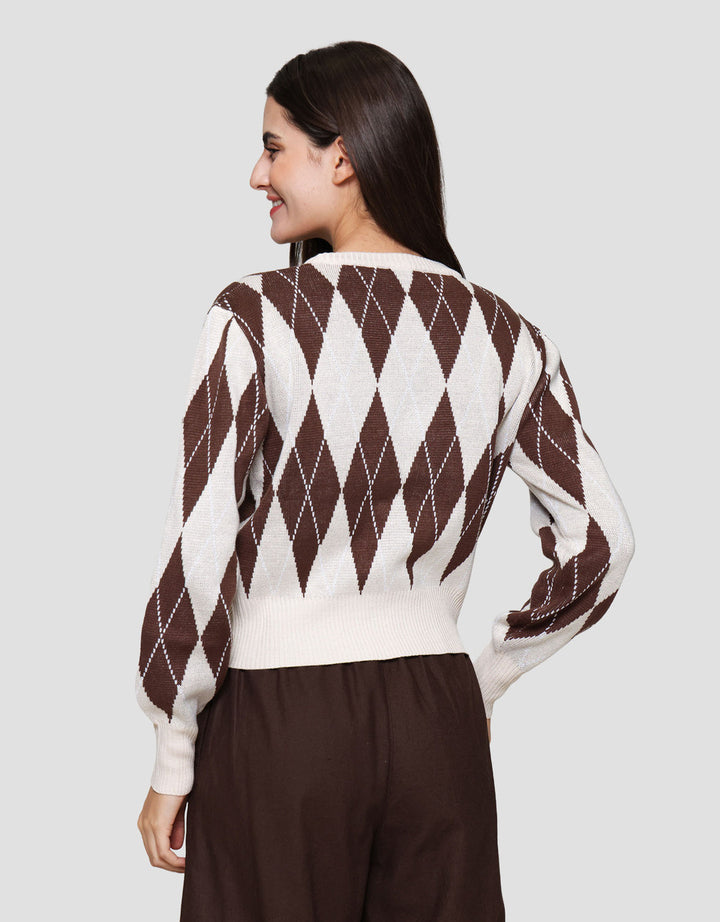 Nevada Crop Flat Knit Argyle Sweater Wanita