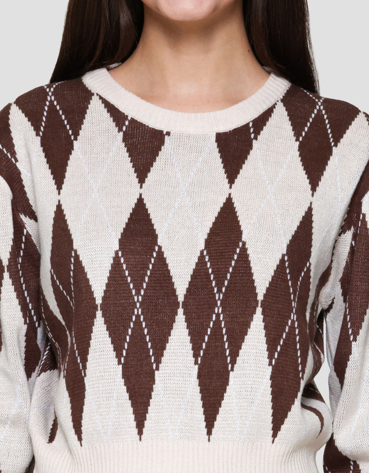 Nevada Crop Flat Knit Argyle Sweater Wanita