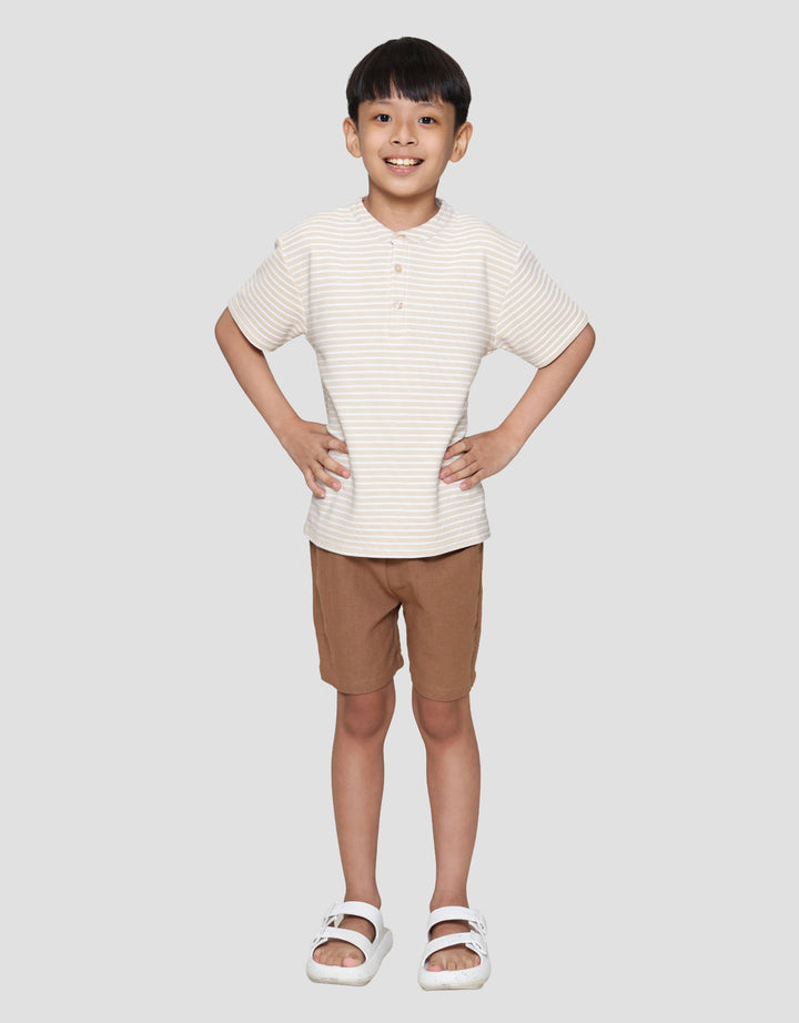 Little M Tekstur Stripe Rami Pakaian Setelan Anak Laki-laki