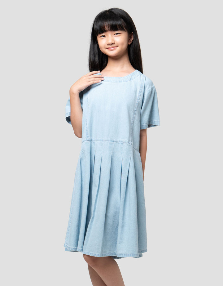 Nevada Denim Bawah Lipit Potong Pinggang Dress Anak Perempuan