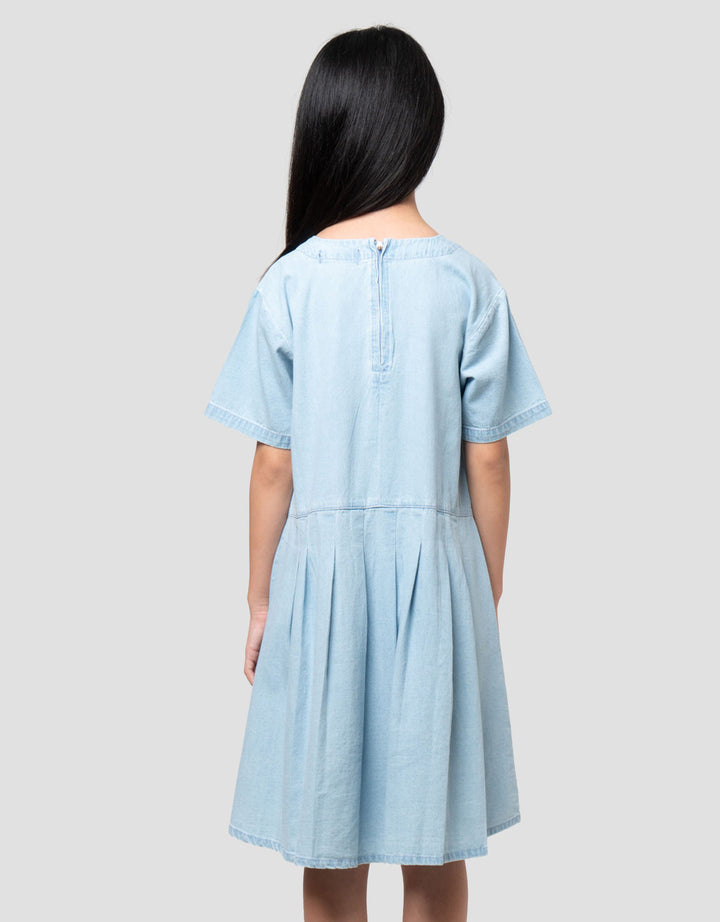 Nevada Denim Bawah Lipit Potong Pinggang Dress Anak Perempuan