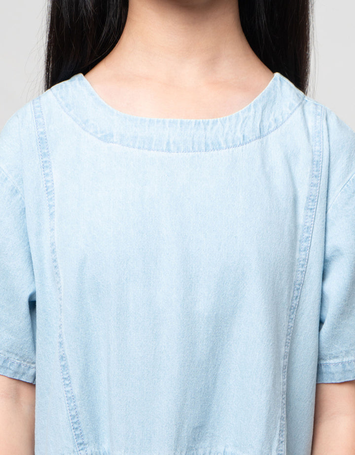 Nevada Denim Bawah Lipit Potong Pinggang Dress Anak Perempuan