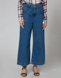 Details Denim Long Pants Straight Cut With Gold Button