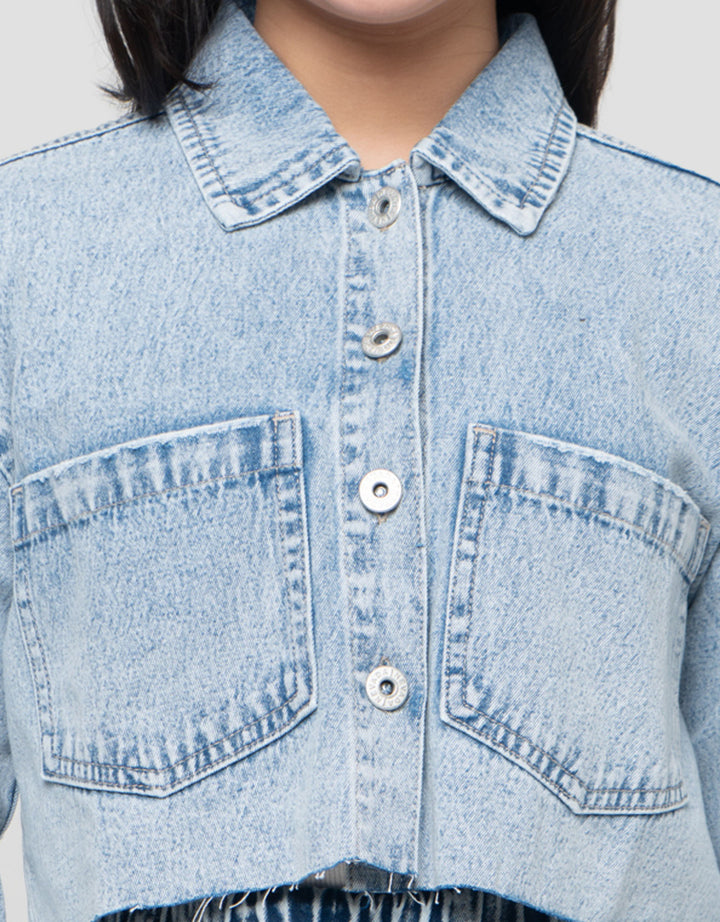 Nevada Kantong Crop Denim Jaket Anak Perempuan