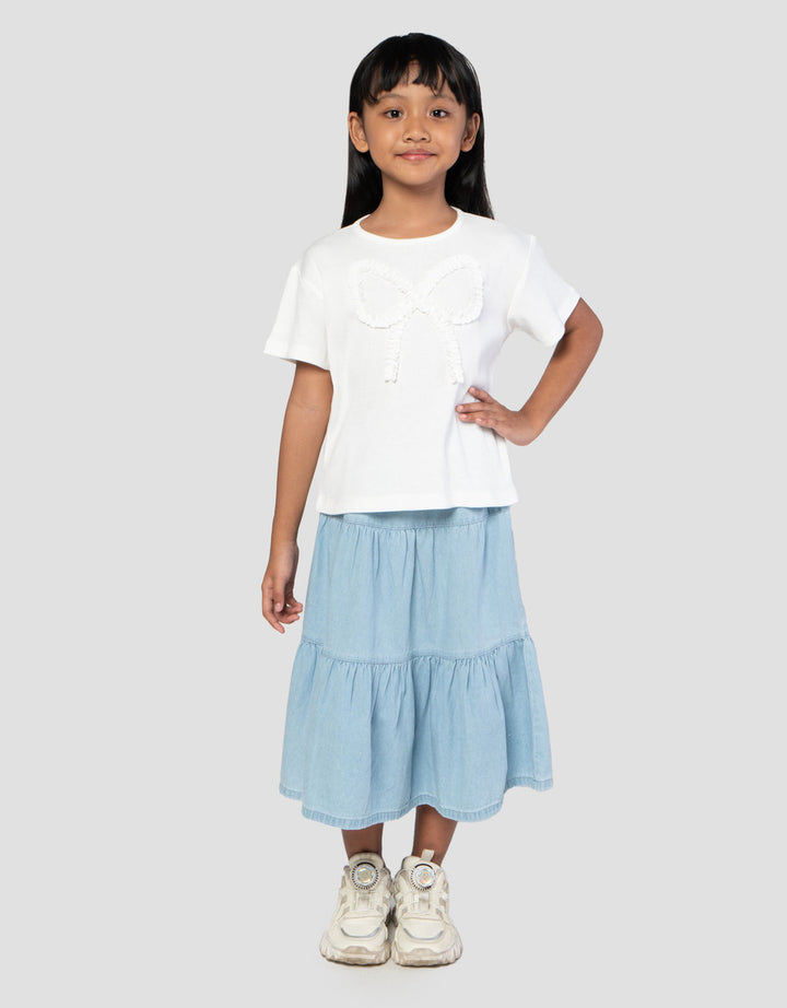 Little M Print Aplikasi Pita Kaos Anak Perempuan