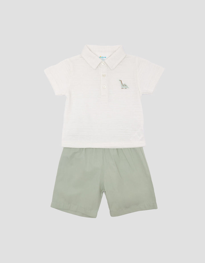 Little M Polo Short Woven Embro Dino Pakaian Setelan Bayi