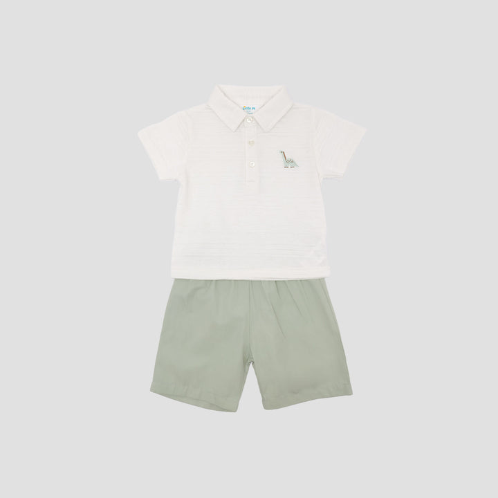 Little M Polo Short Woven Embro Dino Pakaian Setelan Bayi