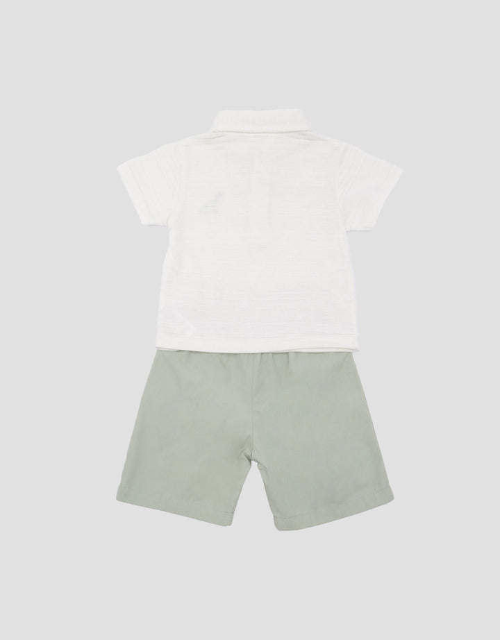 Little M Polo Short Woven Embro Dino Pakaian Setelan Bayi